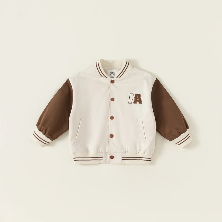 A Toddler Contrast Sleeves Button Letter Baseball Coat