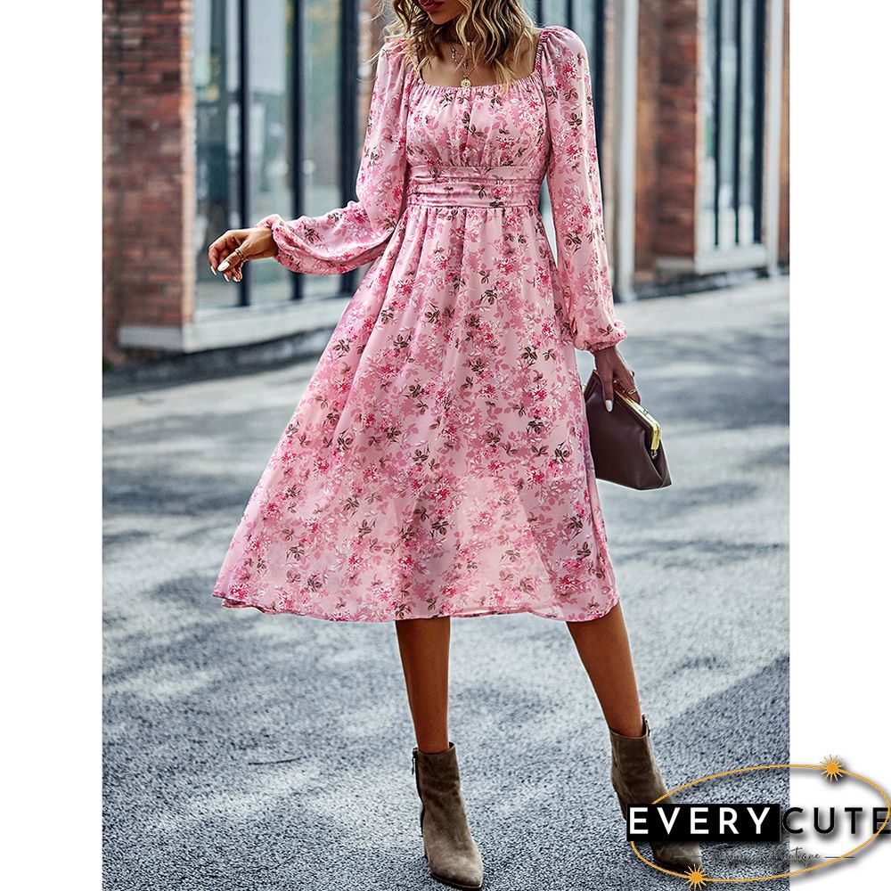 Pink Square Neck Back Pleated Chiffon Floral Dress