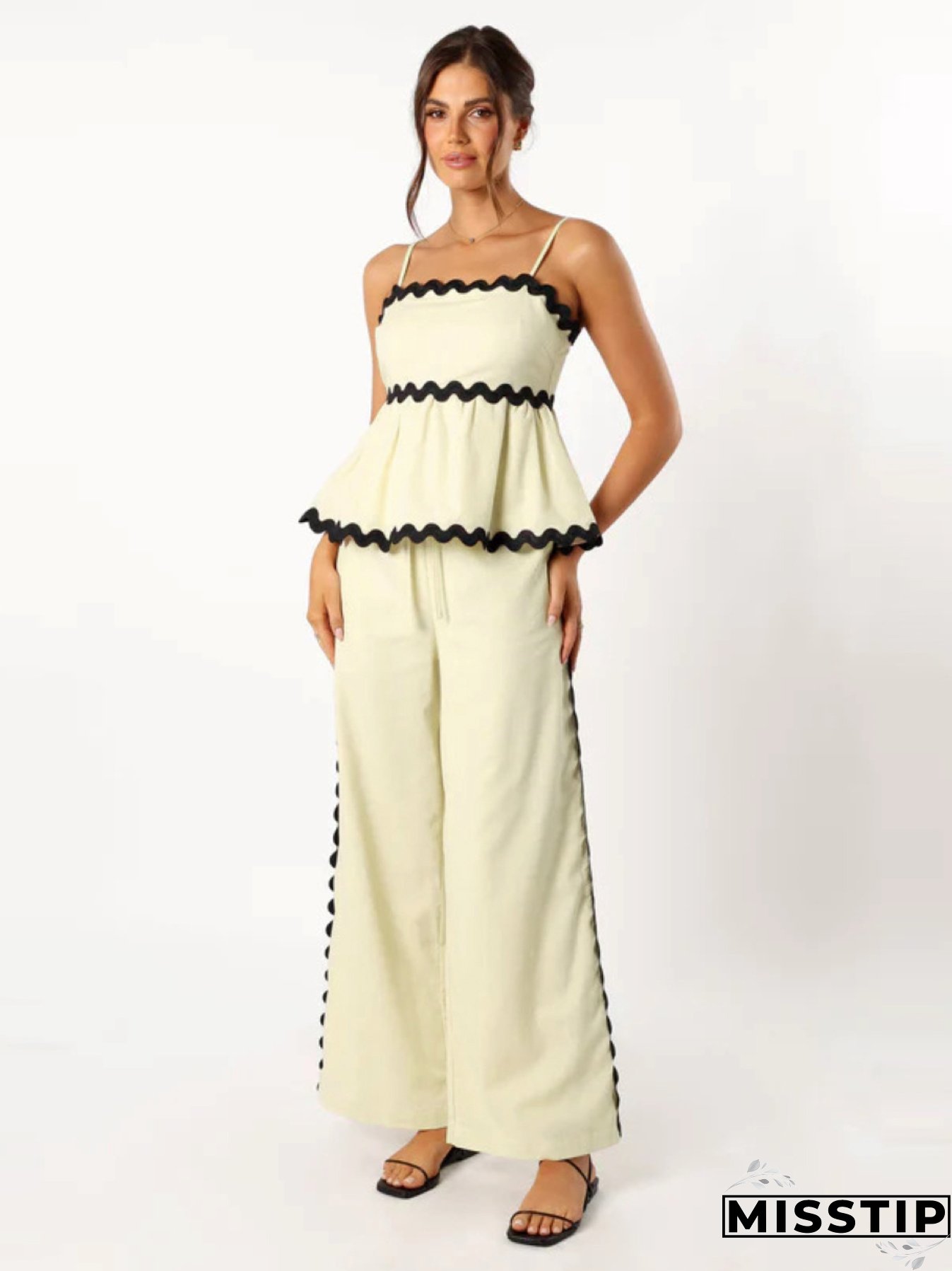 Women's Fashionable Lace Solid Color Strap Casual Women's Two Piece Pants Set