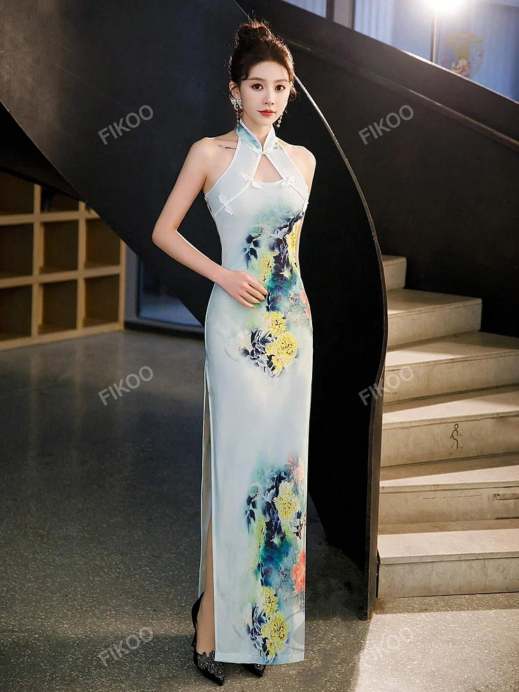  Halter Cheongsam Dress Sexy Slim Package Hip Dress