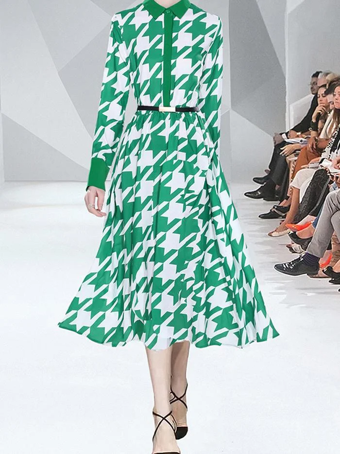 Fashion Lapel Long Sleeve Printed Dress