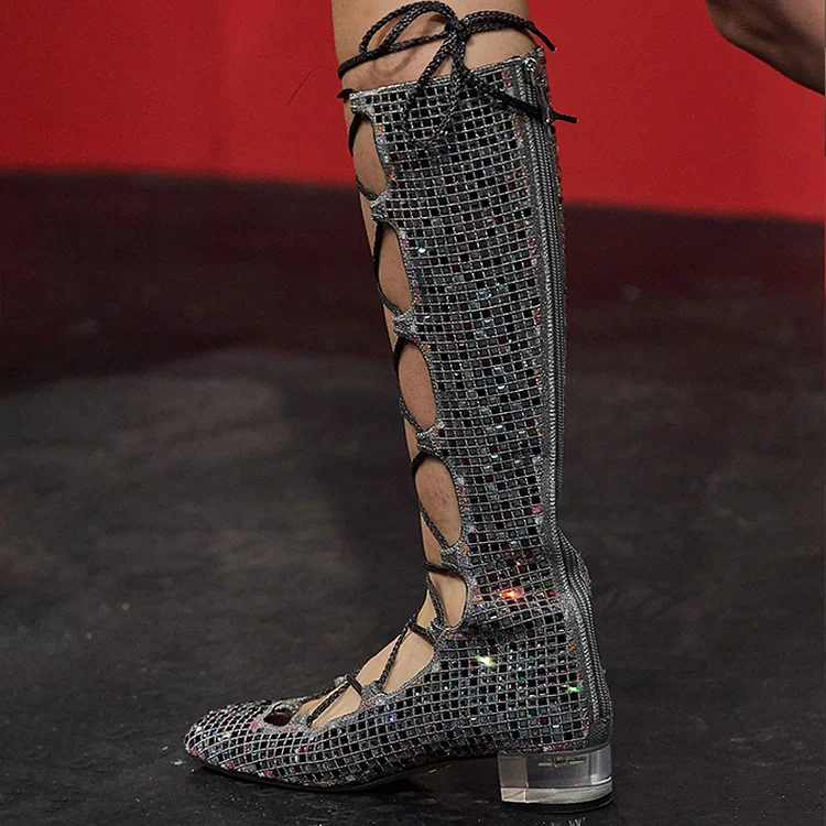 Square Toe Net Pumps Women's transparent Heel Shoes Calf High Patent Boots |FSJ Shoes