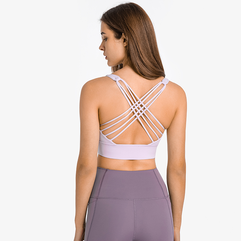 Light purple lotus Hergymclothing widened hem back criss cross straps double sided brushed nylon toe dye shock absorber push up sports bra for sale