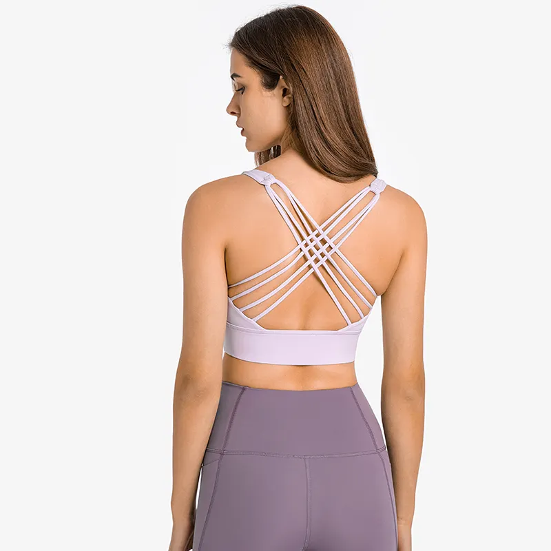 Light purple lotus Hergymclothing widened hem back criss cross straps double sided brushed nylon toe dye shock absorber push up sports bra for sale