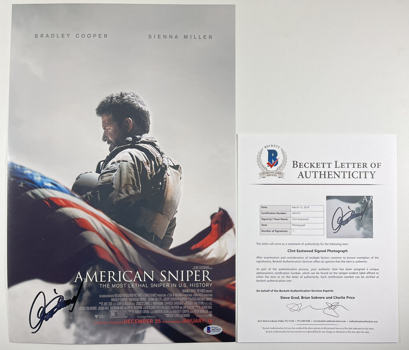 CLINT EASTWOOD SIGNED AMERICAN SNIPER 12x18 Photo Poster painting MOVIE POSTER BAS LOA #A67415