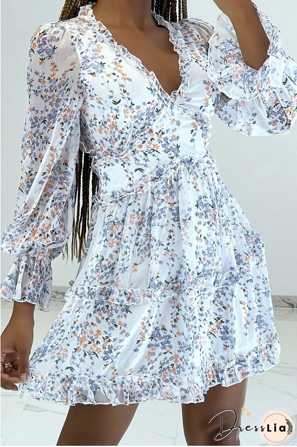 Ditsy Floral Prints Ruffle Edge Tiered Long Sleeve Boho Dress