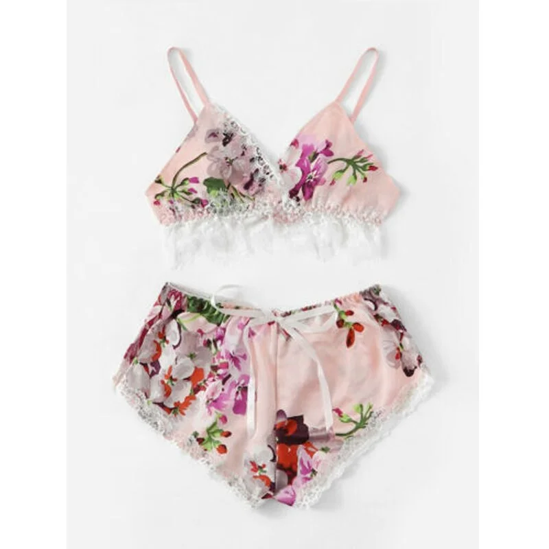 Uveng Women's Sexy Lingerie Satin Sets Summer Sleeveless Floral Crop Tops Shorts Sexy Sleepwear Babydoll Nightdress Pajamas Set