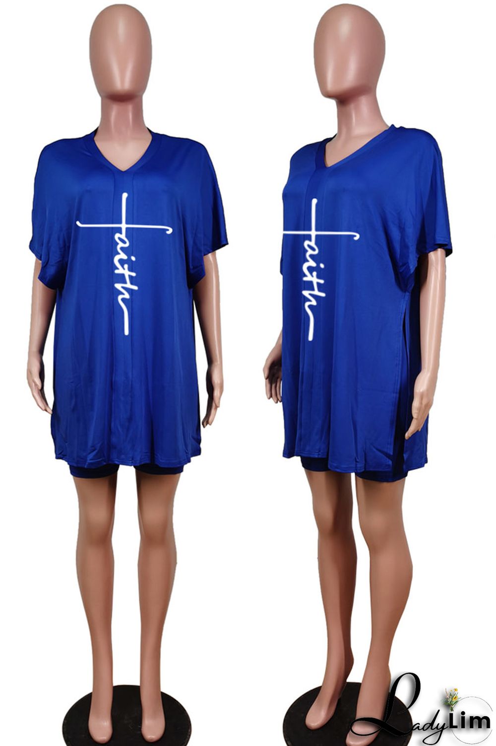 Tangerine Red Casual Print Split Joint V Neck Short Sleeve Two Pieces