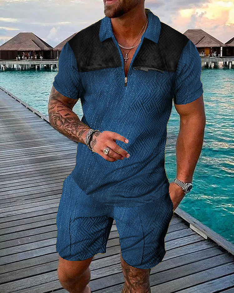 Men's Fashion Vintage Navy Blue Contrasting Colors Printed Polo Suit