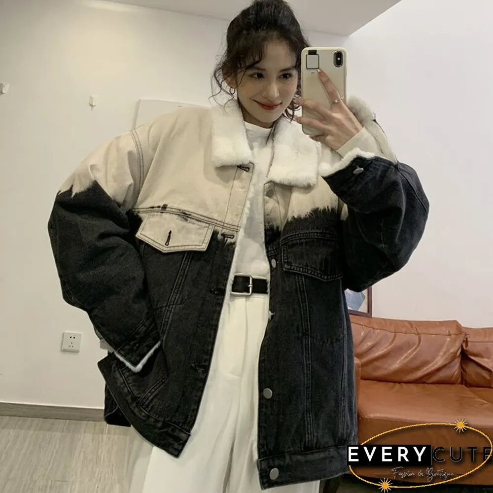 Gradient Thicken Denim Jacket Women Loose Casual Warm Jean Coats Korean Fashion Street Wear Fur Collar Lady Outwear New