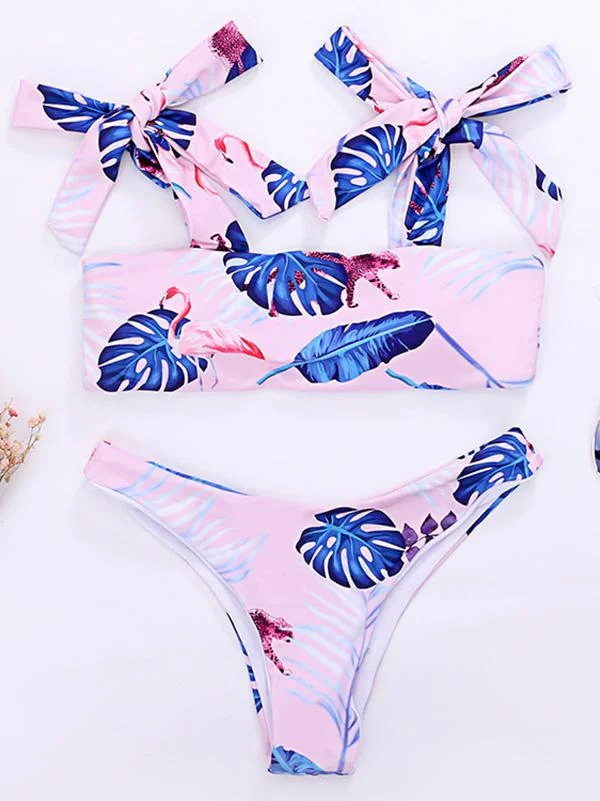 Floral-Print Knotted Bandeau Split Bikini Swimsuit