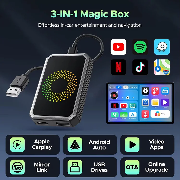 Wireless CarPlay Adapter Featuring Netflix, YouTube, TikTok Support