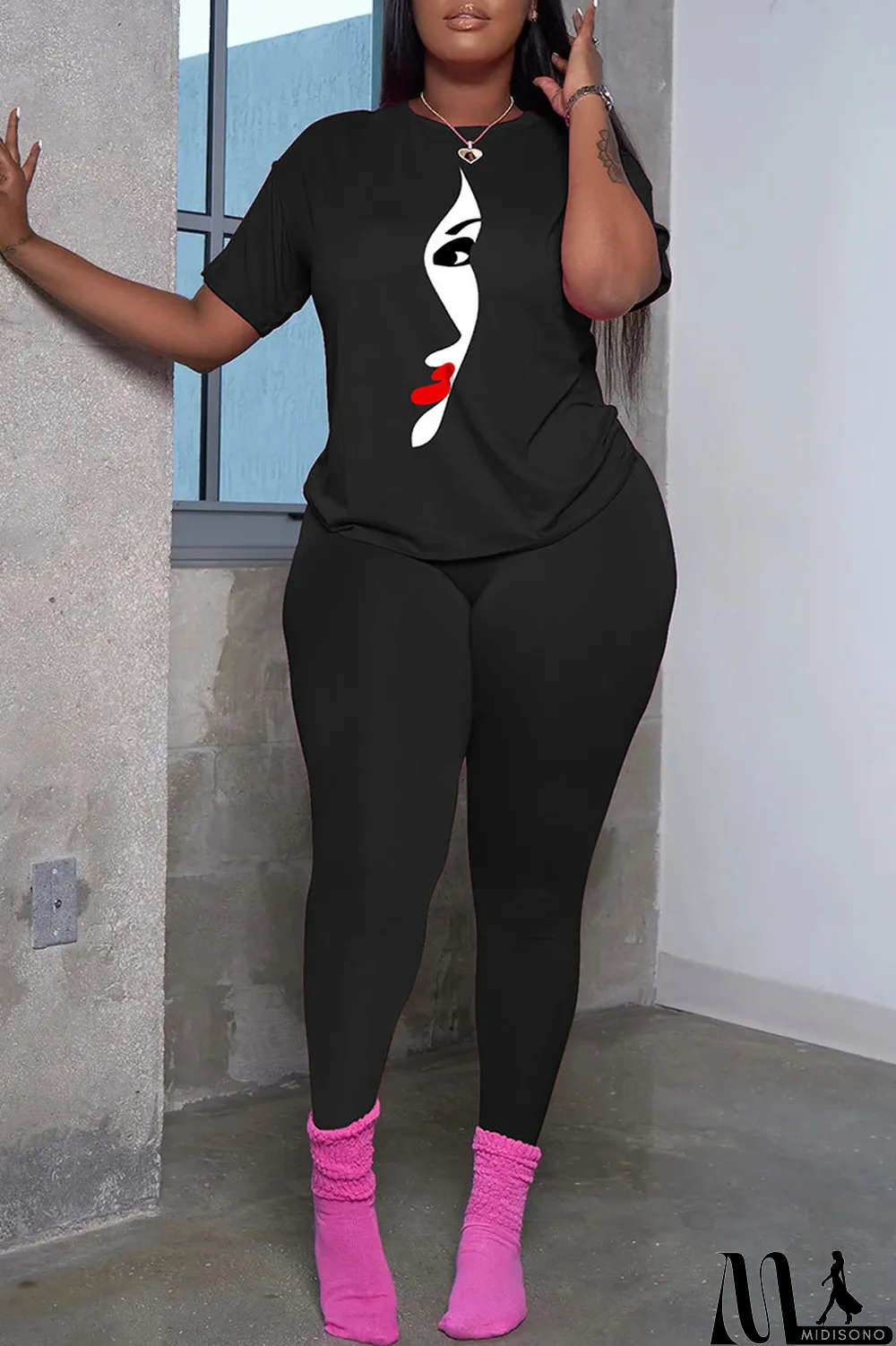 MidiSono - Black Fashion Casual Print Patchwork Basic O Neck Short Sleeve Two Pieces