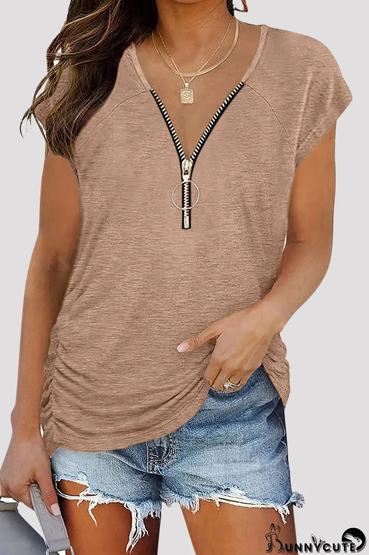 Khaki Fashion Casual Solid Split Joint Zipper V Neck T-Shirts