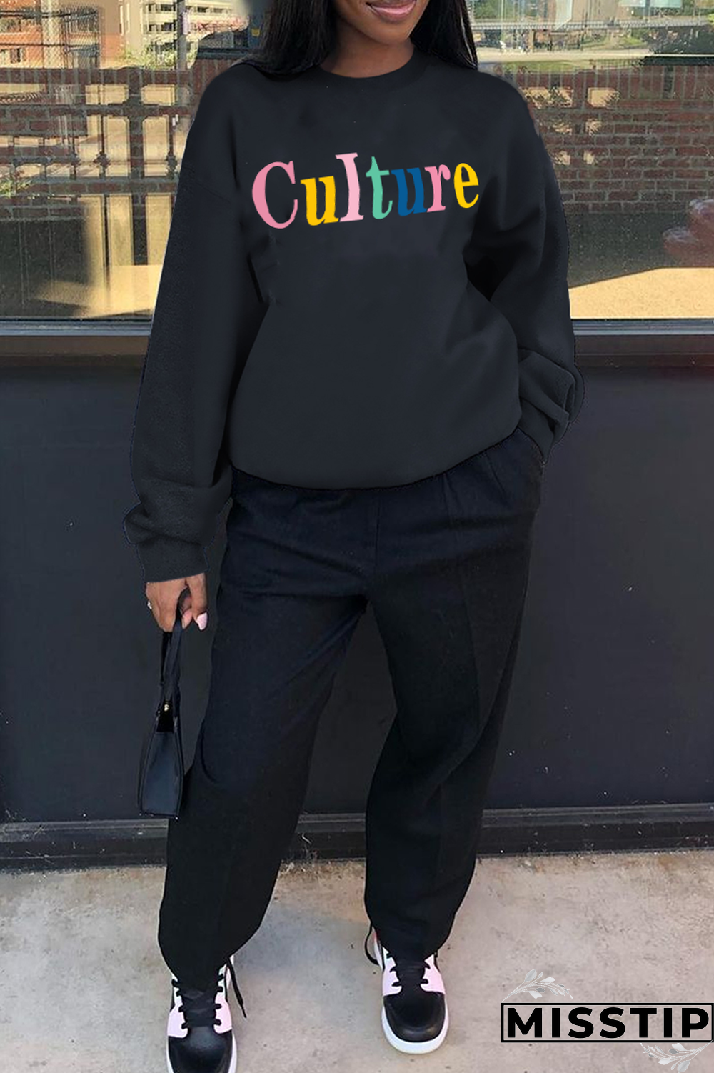 Black Street Vintage Print Patchwork Letter O Neck Tops