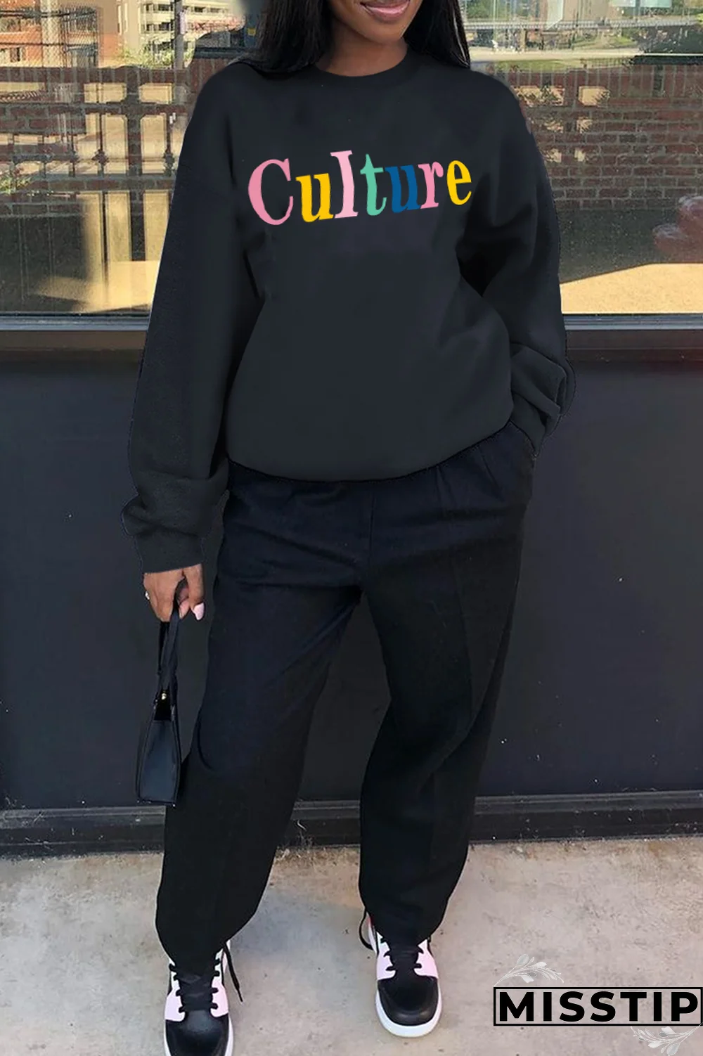 Black Street Vintage Print Patchwork Letter O Neck Tops