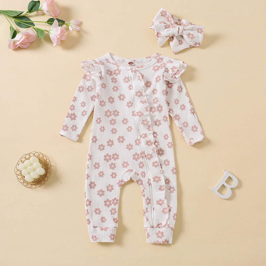 2PCS Pretty Floral Printed Ruffle Decor Long Sleeve Baby Jumpsuit