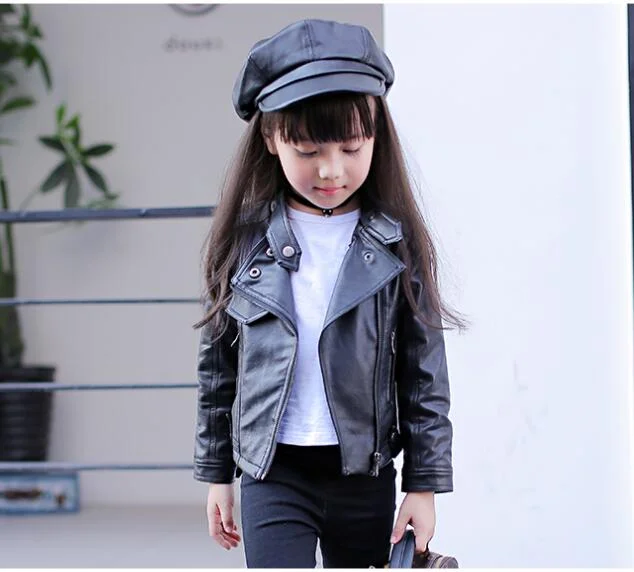 girls pu jacket rivet zipper cool jacket Leather clothing for girls 5-13 years oldClassic collar zipper leather motorcycle