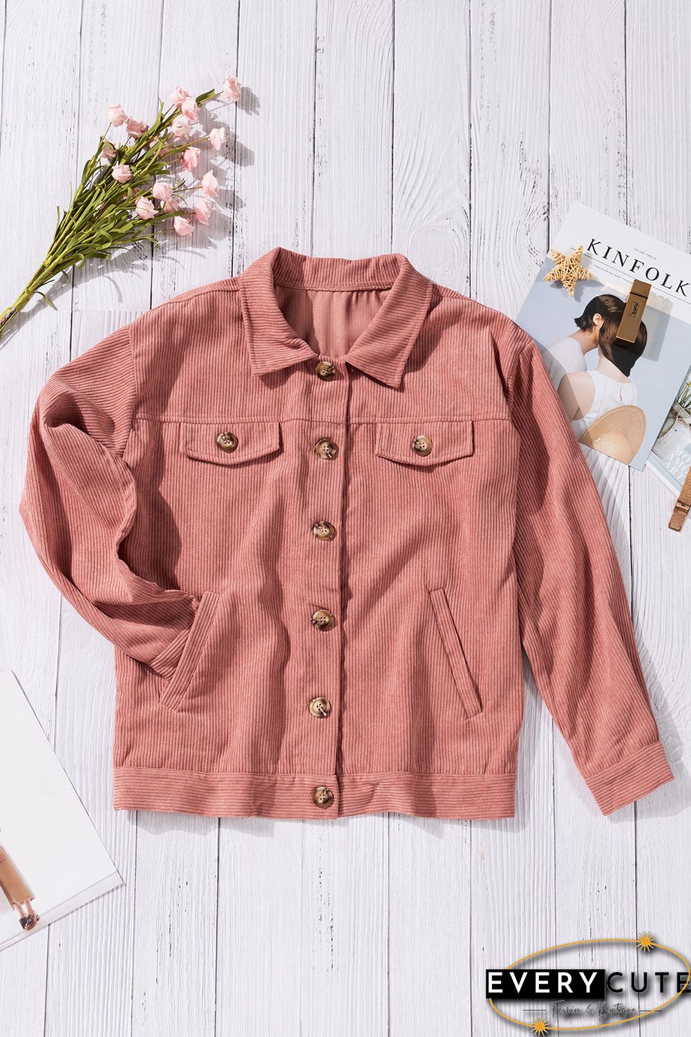 Pink Ribbed Corduroy Long Sleeve Jacket with Pocket