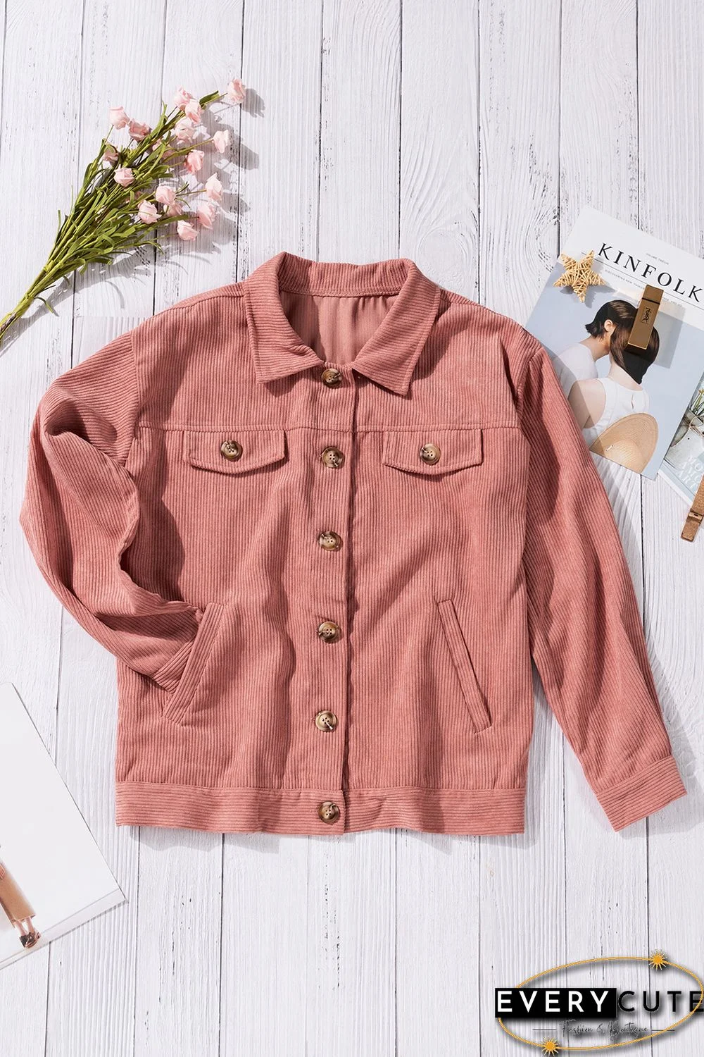 Pink Ribbed Corduroy Long Sleeve Jacket with Pocket