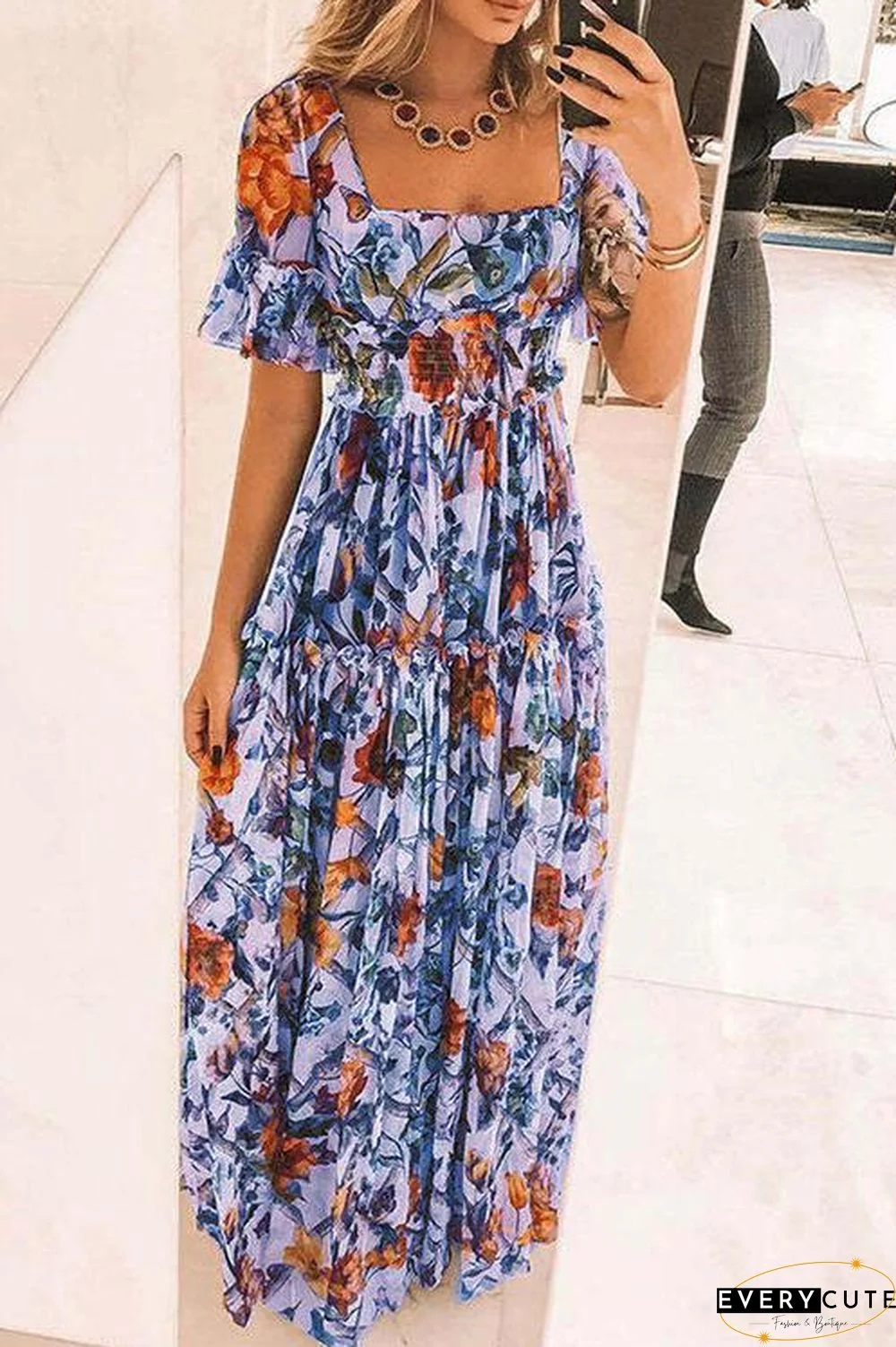 Floral Square Neck Short Sleeve Maxi Dress