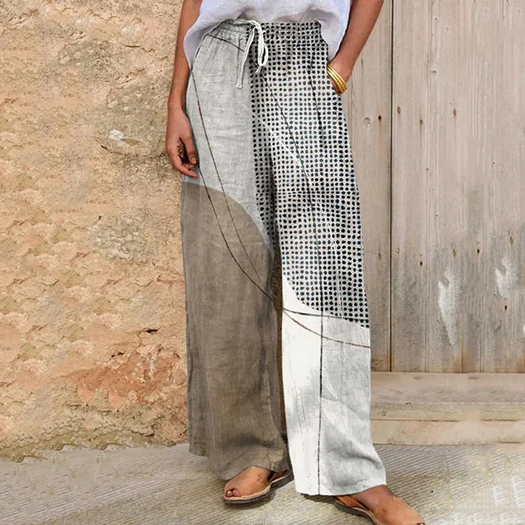 Simpfit Nachahmung aus Baumwolle und Leinenhose mit weitem Bein und geometrischem Vintage-Print für Damen