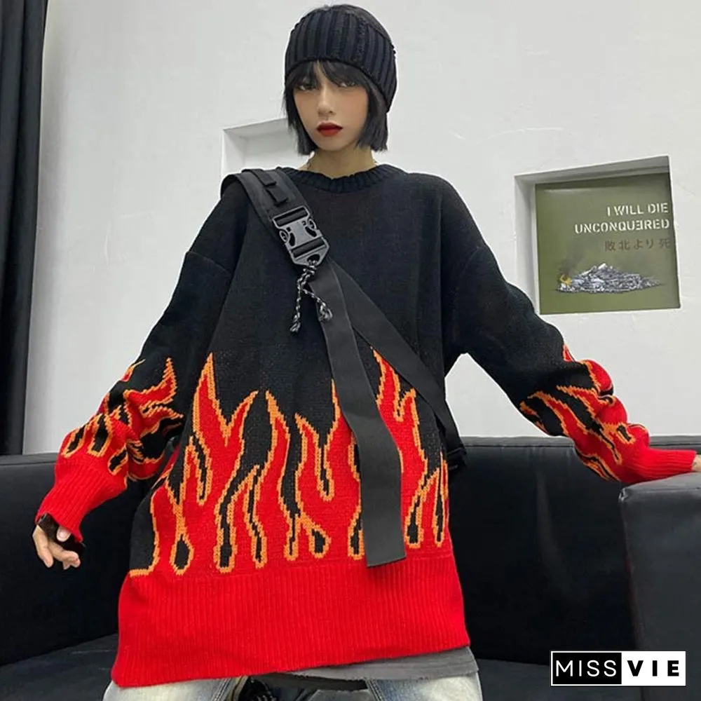 Chic Colorblock Knit Flame Print Sweater