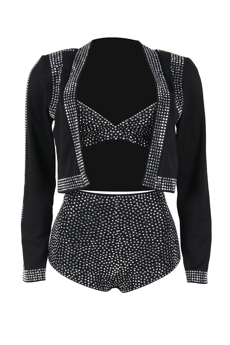 Hot Drilling Crop Jacket Cami Bra Skinny Shorts Party 3pcs Set-Black