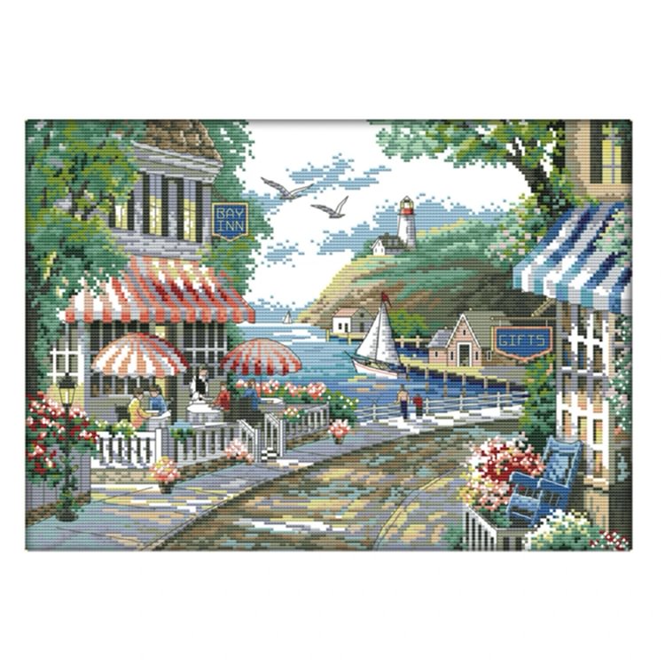 Joy Sunday - Seaside Cafe - 14CT 2 Strands Threads Printed Cross Stitch Kit - 44x33cm(Canvas)