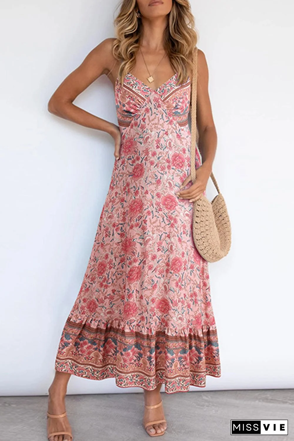 Bohemian Floral Flounce V Neck A Line Dresses