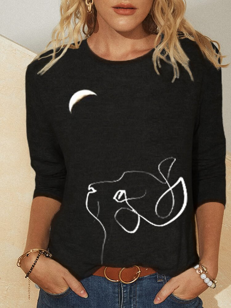 Cat Moonlight Print O neck Long Sleeves Casual T shirt For Women P1788199