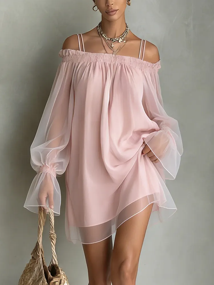 Pink Off-Shoulder Sheer Long Sleeve Mini Dress