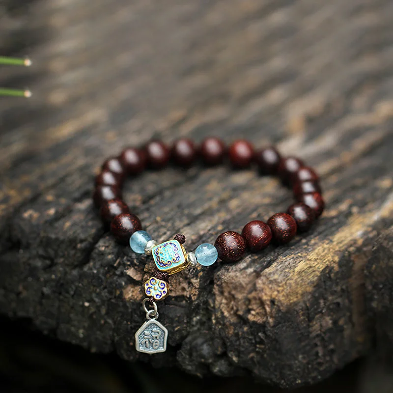 925 Sterling Silver Indian Small Leaf Red Sandalwood Aquamarine Full of Gold Star Chinese Knotting Blessing Bracelet