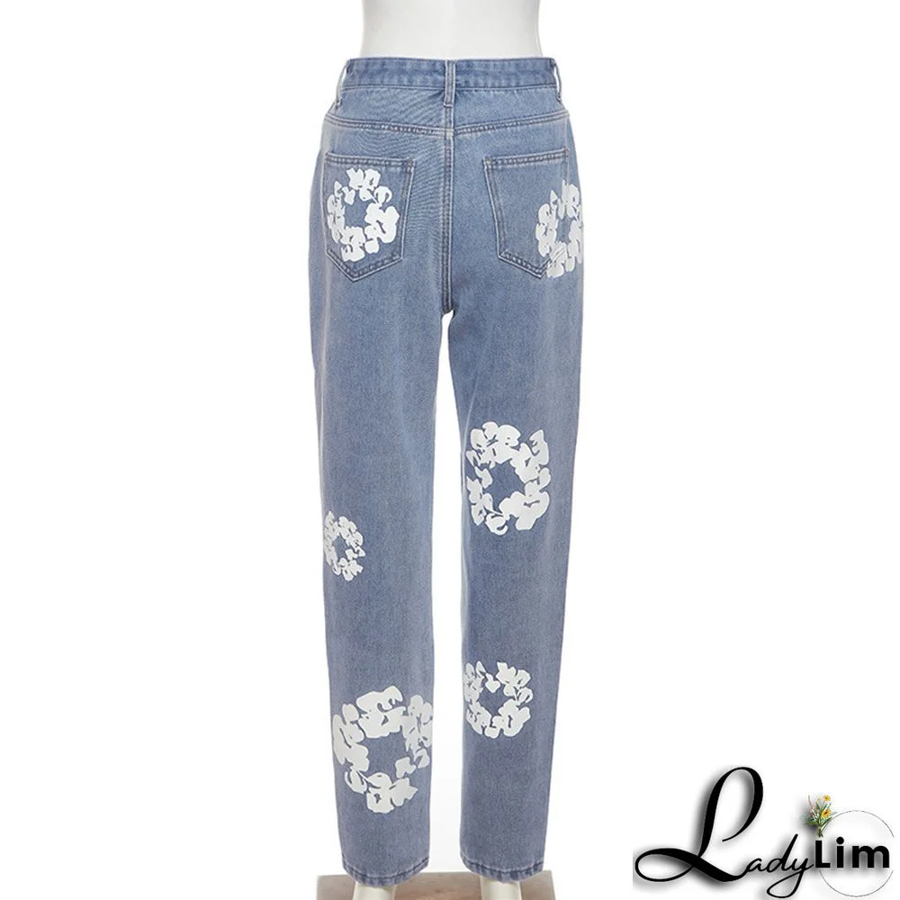 Women Daisy Print High Rise Denim Straight-Leg Pants
