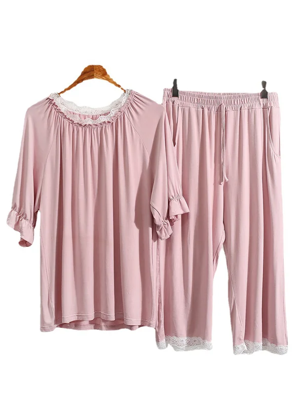Modal Lacy Half Sleeve Tops&Cropped Pants Pajama Sets