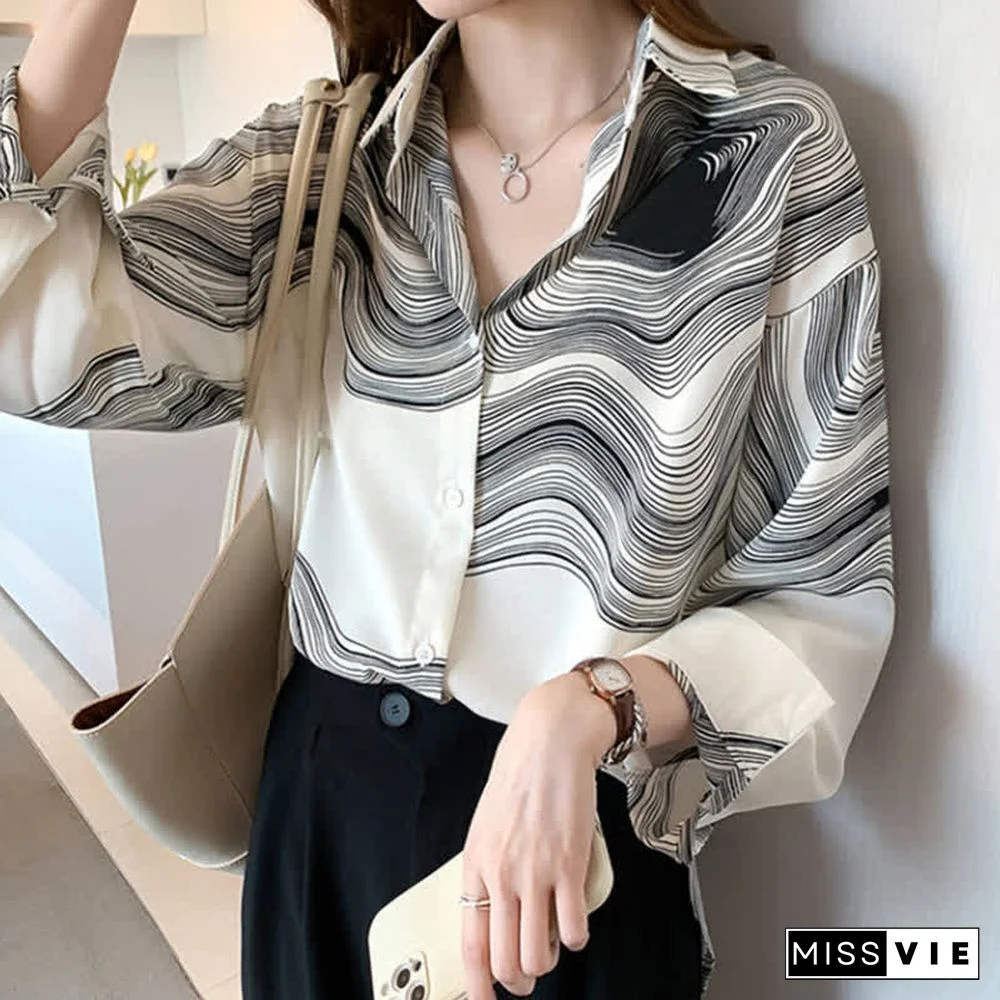 Colorblock Stripe Print Lapel Shirt Workwear