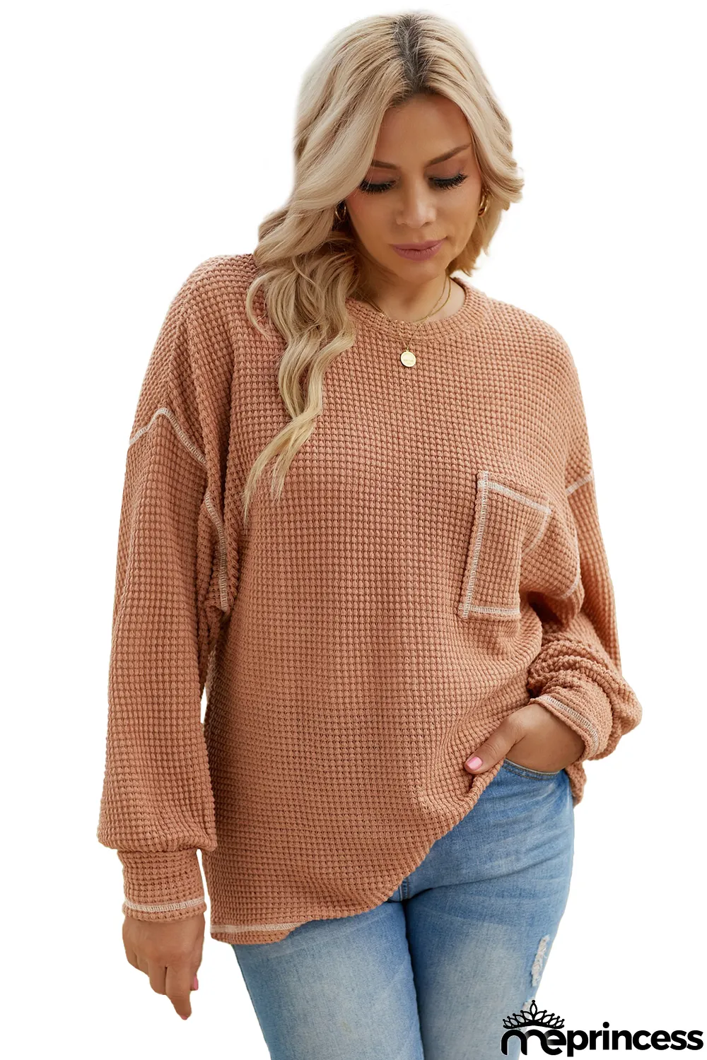 Grey Contrast Stitching Waffle Knit Top