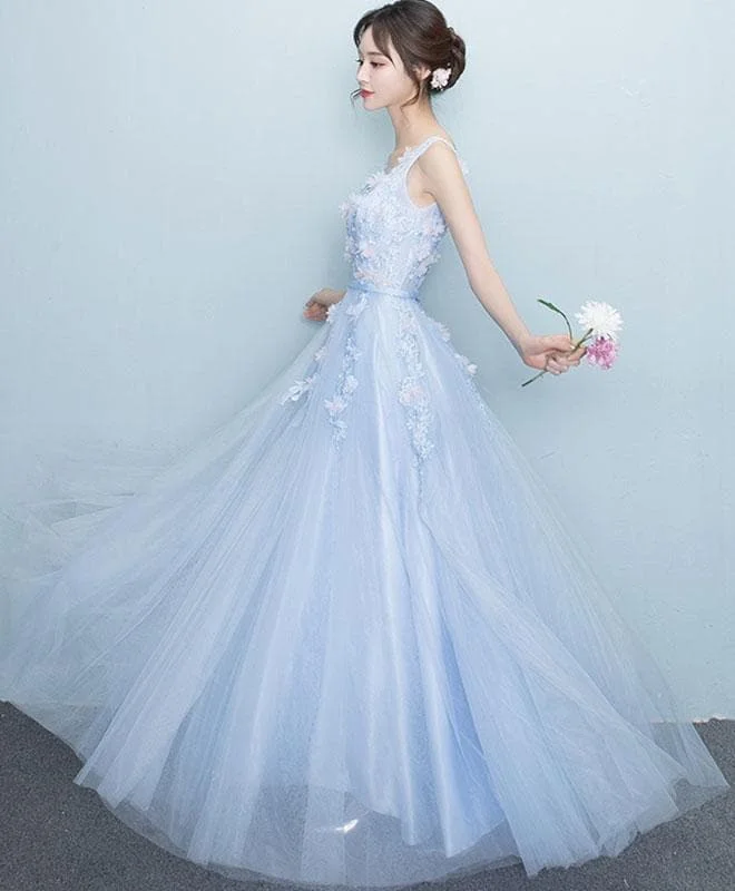 Light Blue V Neck Lace Long Prom Dress, Evening Dress