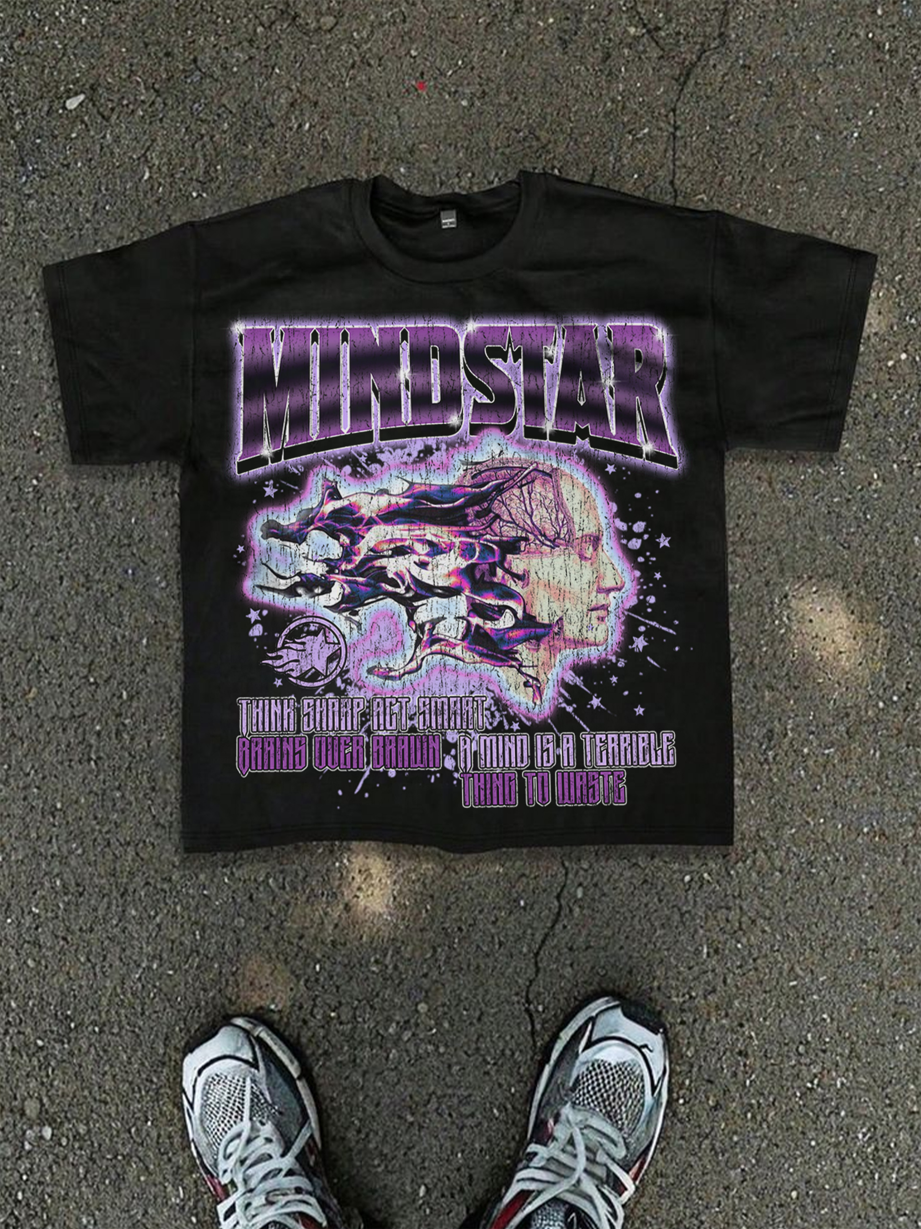 Mindstar-Burning Thinking-Retro Pattern Printing Cotton T-Shirt