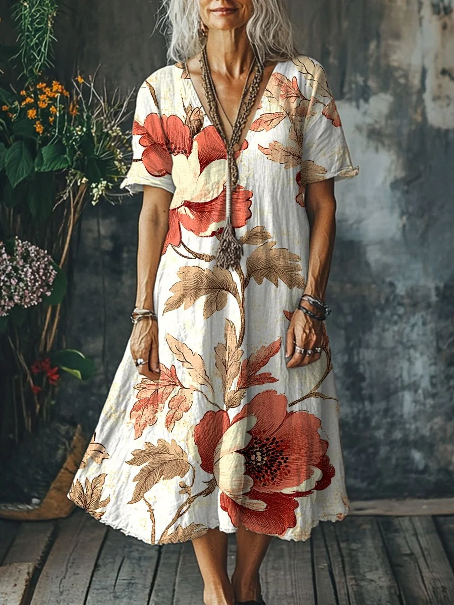 Women's Flowers Art Print Pocket Cotton Dress