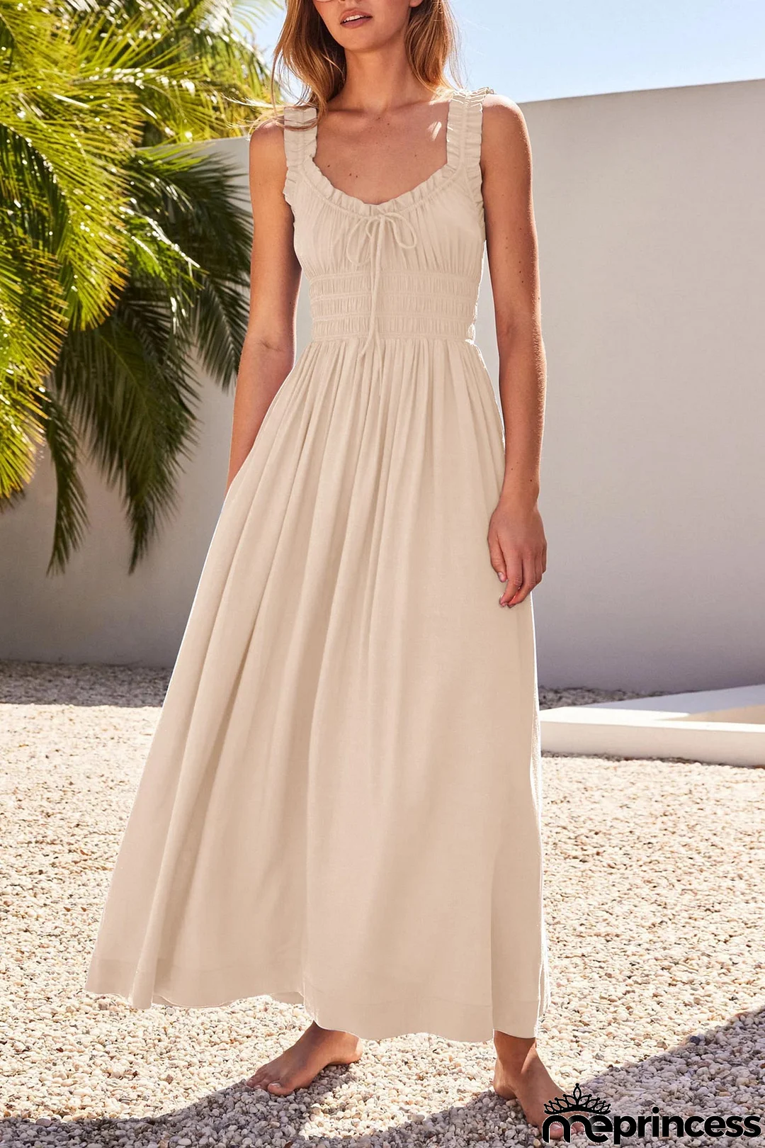 V Neck Tie-up Smocked Midi Dress