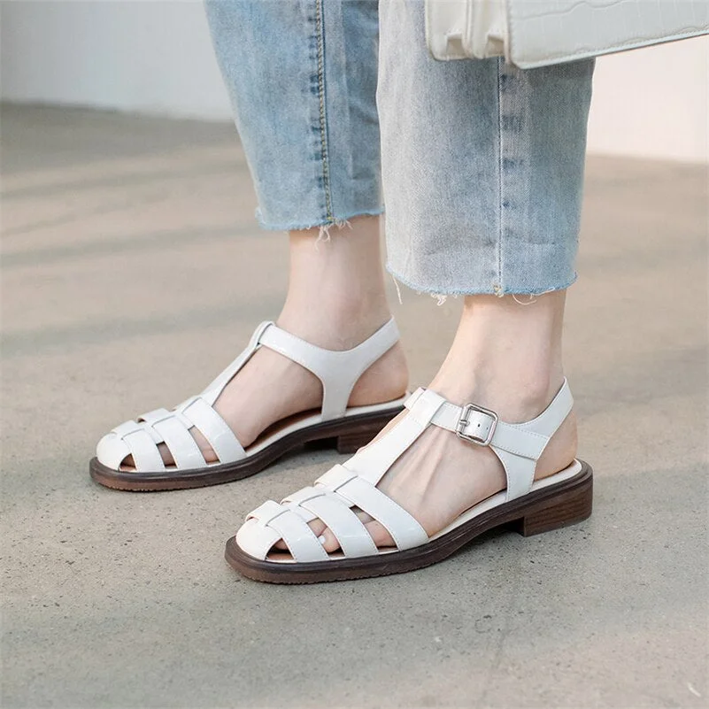 Women Gladiator Shoes T-strap Med Heel Sandals Square Toe Buckle Shoes Thick Heel Cow Leather Lady Footwear Summer Black