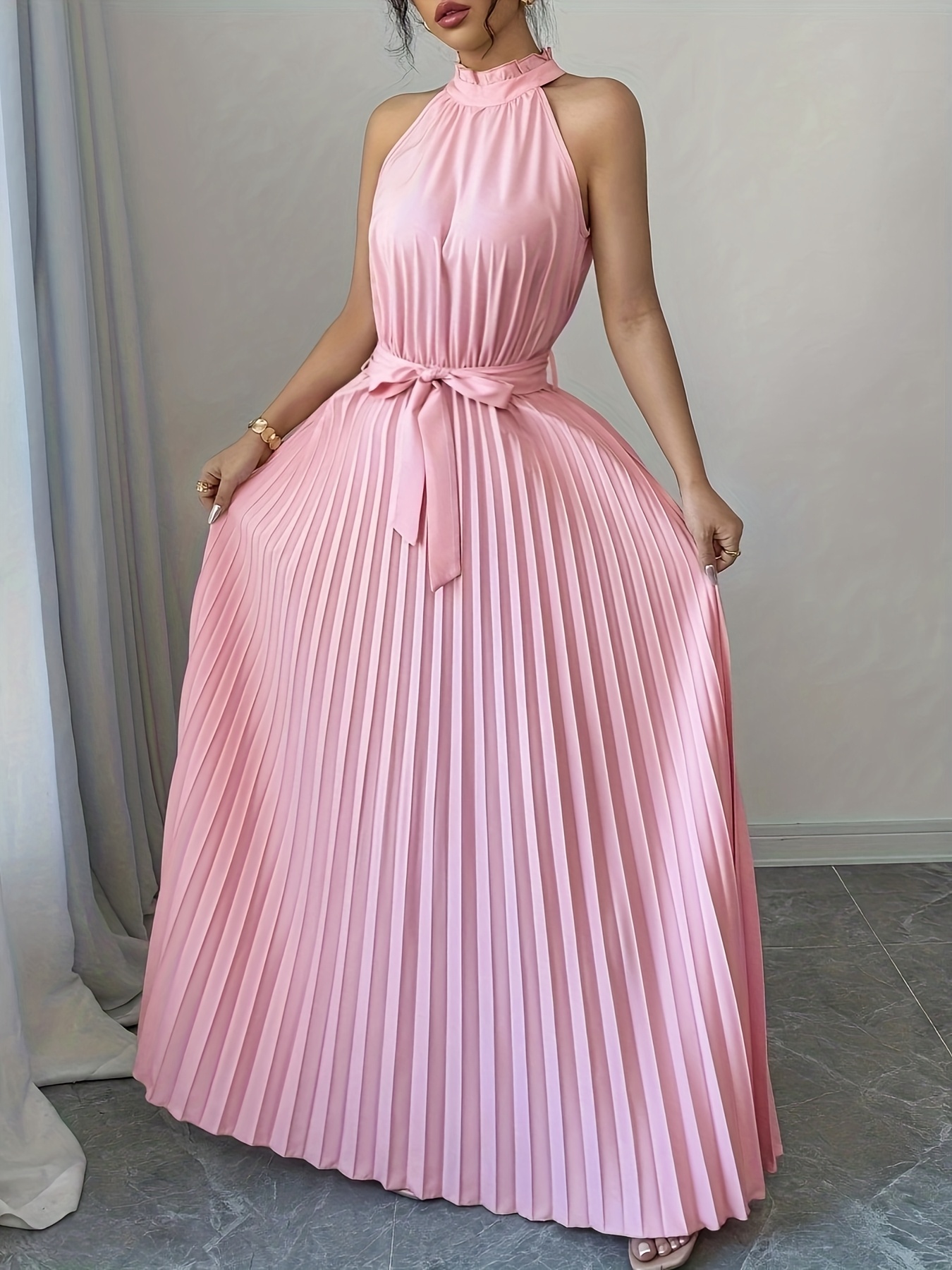 [Cute Flowy Summer A-Line Dress] Flowy Summer A-Line Dress - Elegant Pink Halter Neck Sleeveless Pleated Maxi Dress With Waist Tie, Perfect For Casual Or Formal Occasions, Cute Dress For Women