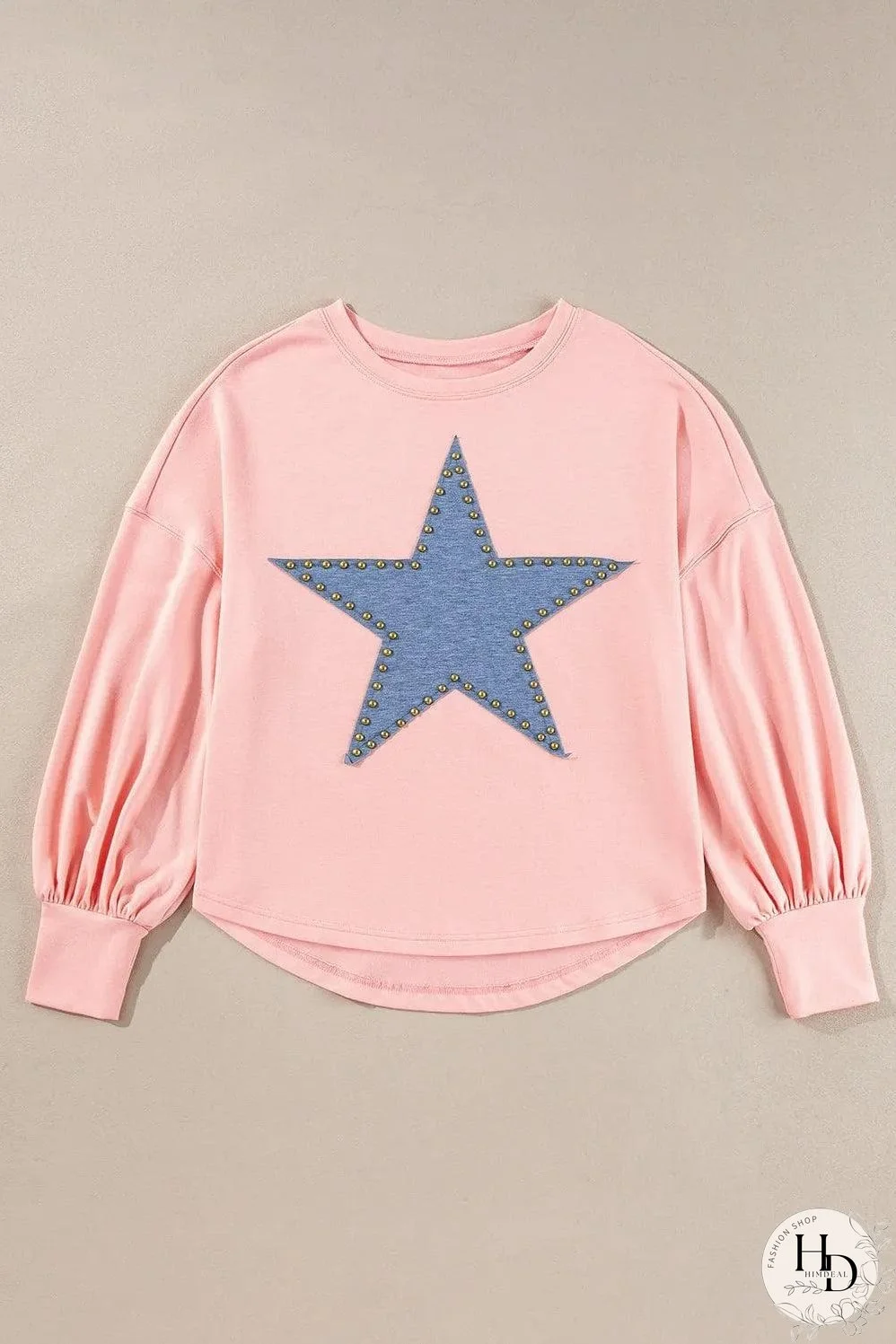 Gossamer Pink Studded Star Graphic Oversized Long Sleeve Top
