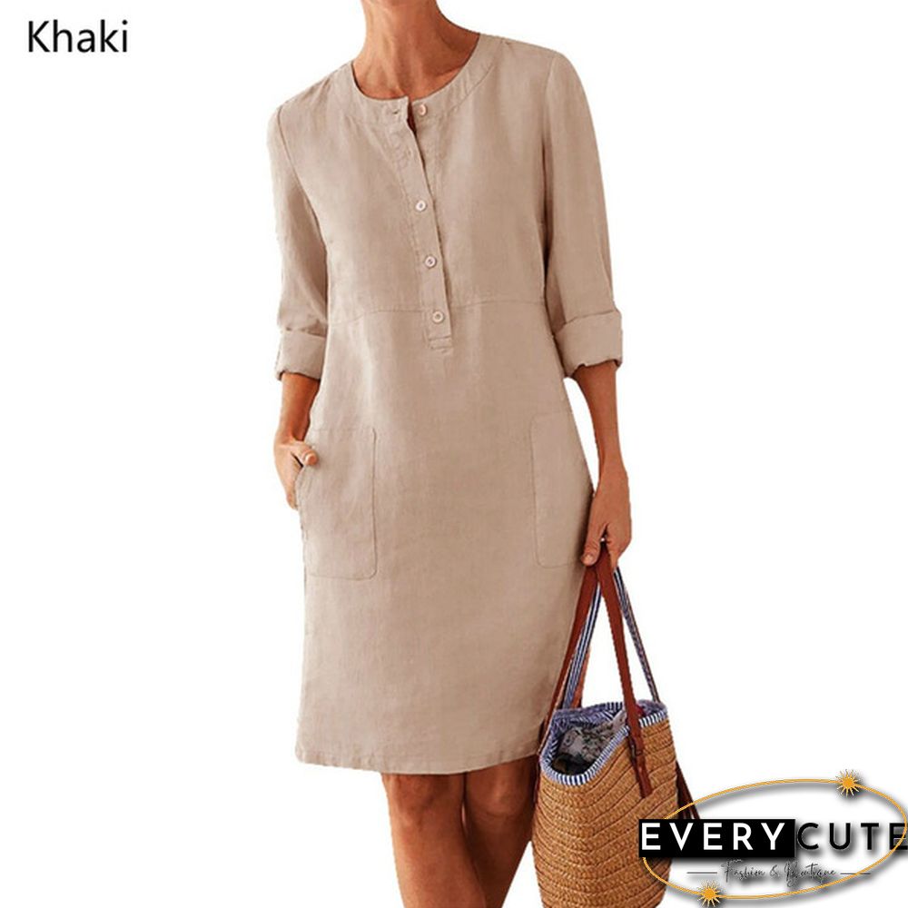 Women Casual Round Neck Dress Cotton And Linen Loose Botton Plus Size Long Sleeve Midi Dress