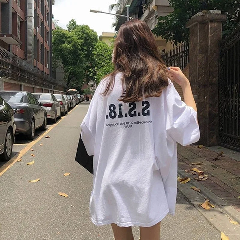 T-shirts Women Ulzzang Oversize Loose T-shirt Ladies Letter Tops Womens  Chic Streetwear Harajuku Student All-match Tee BF