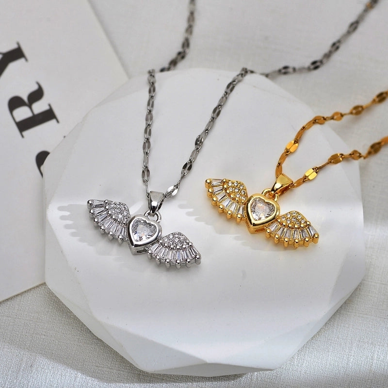 Sweet Wings Bow Knot Titanium Steel Copper Zircon Gold Plated Inlay Pendant Necklace