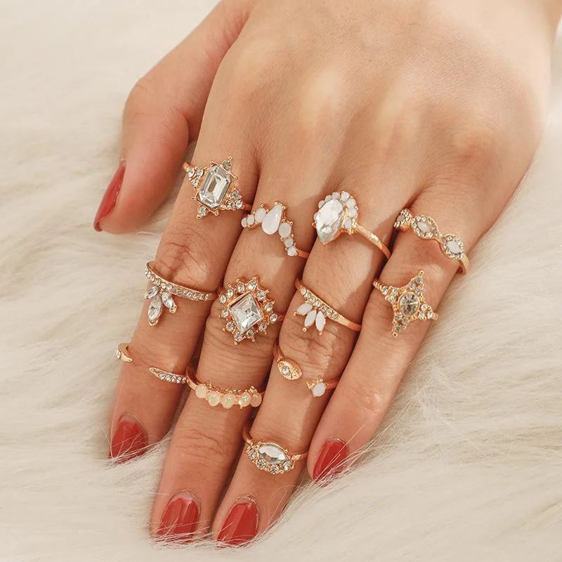 Women plus size clothing 12 Piece Set Inlaid Diamond Leaf Flower Ring Wholesale Cheap Jewelry-Nordswear