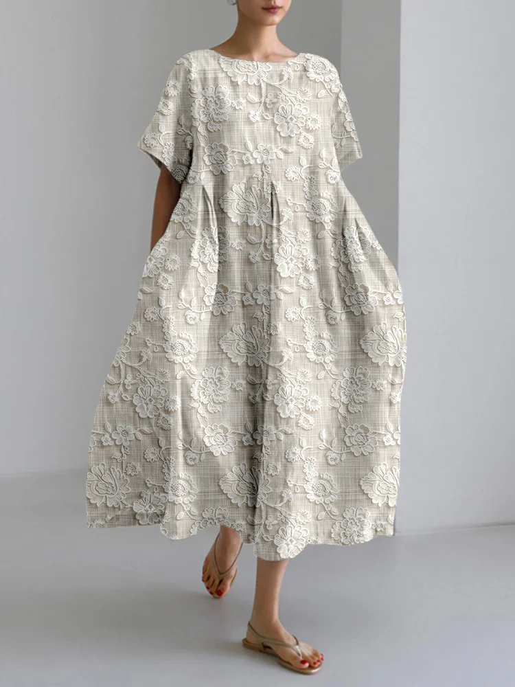 Comstylish Vintage Floral Lace Embroidered Linen Blend Maxi Dress