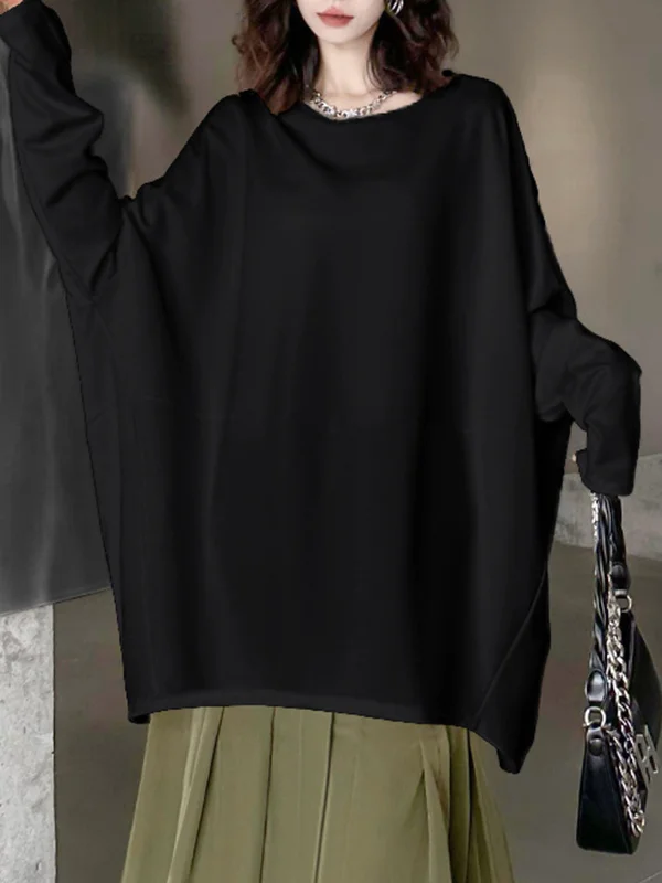 Batwing Sleeves Long Sleeves Solid Color Round-Neck T-Shirts Tops